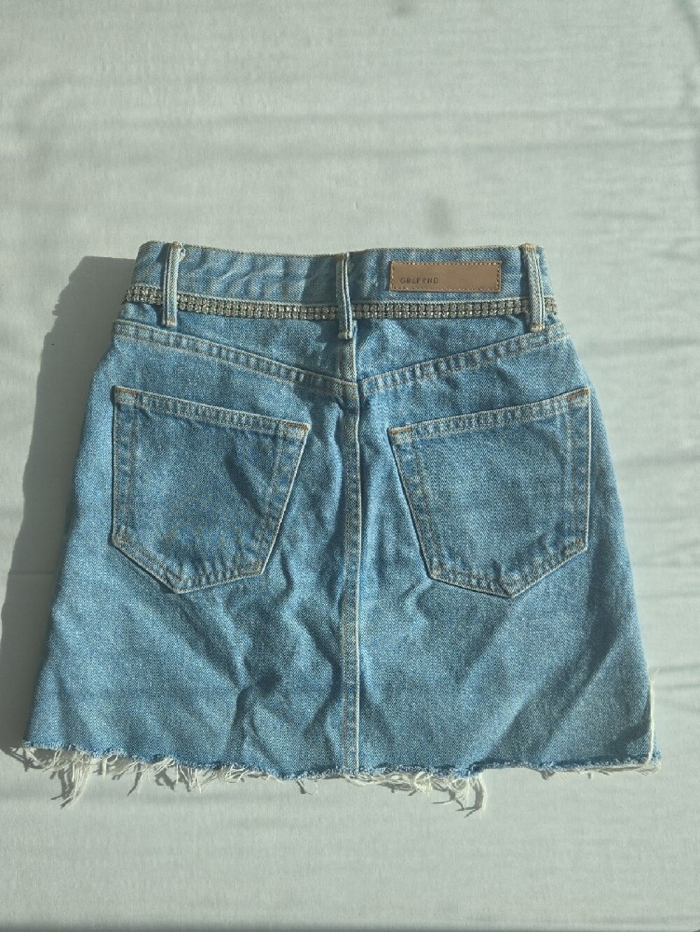 GRLFRND Washed Blue Denim Mini Skirt with Rhinestone Waist Chain - Picture 4 of 9